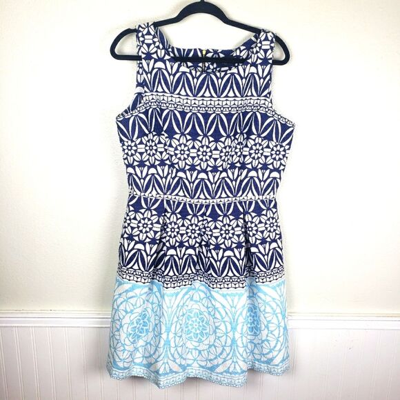 Just Taylor Womens Hombre Blue Geometric Floral Heavy Pleated A-Line Dress SZ 14 - Picture 1 of 12